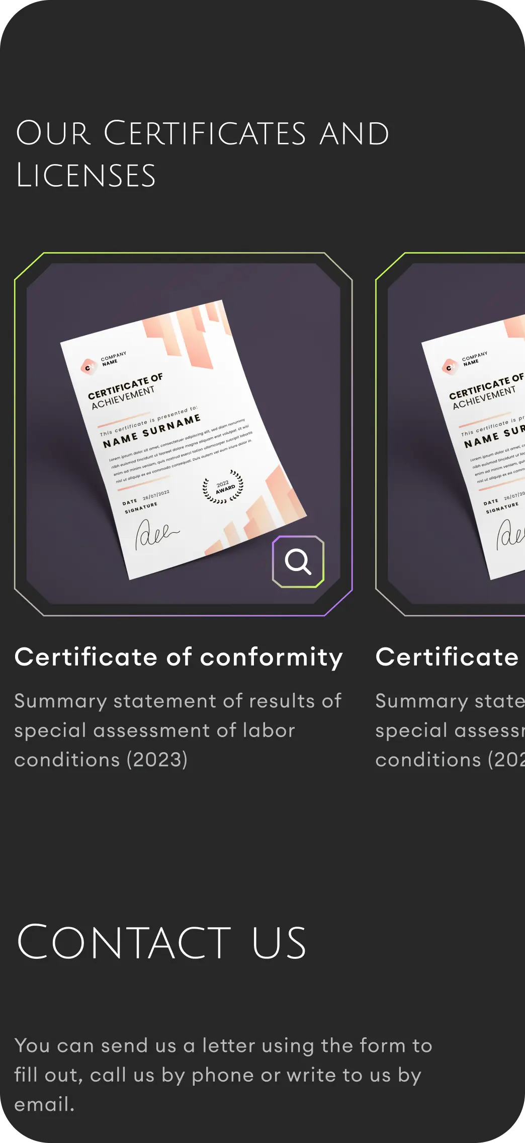 PNG-Overseas certificates and contact mobile screen